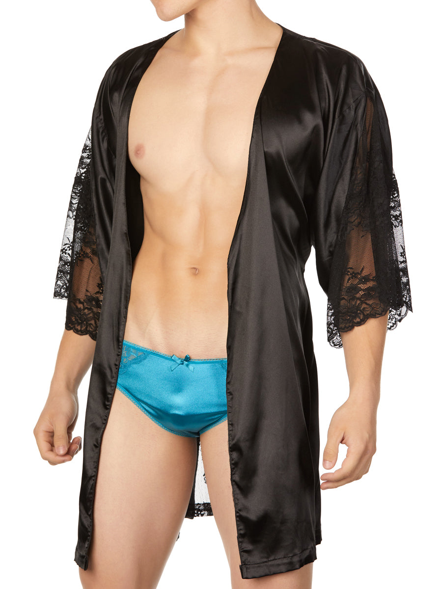 Men's black satin and lace robe