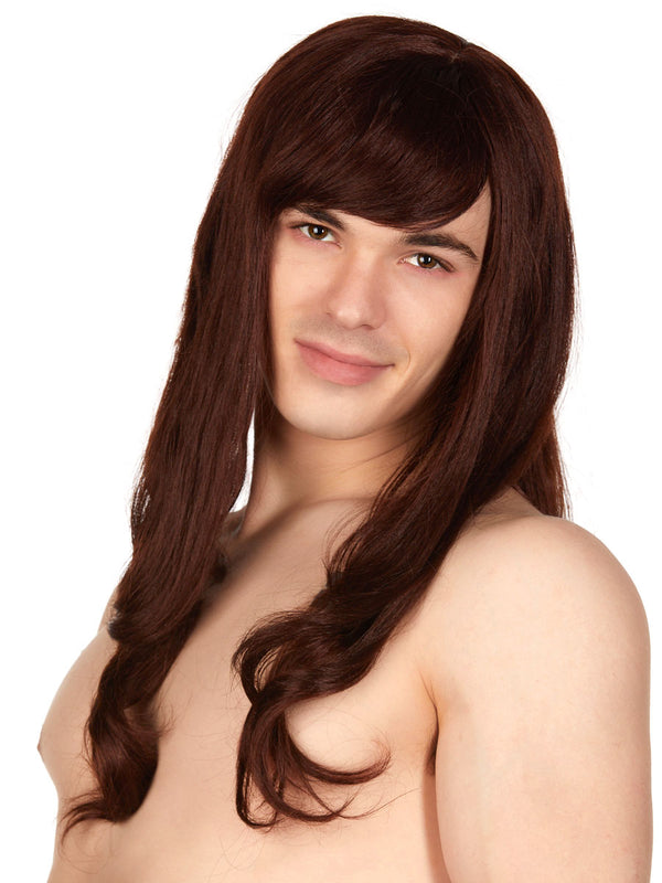Men's brunette long wavy wig with fringe
