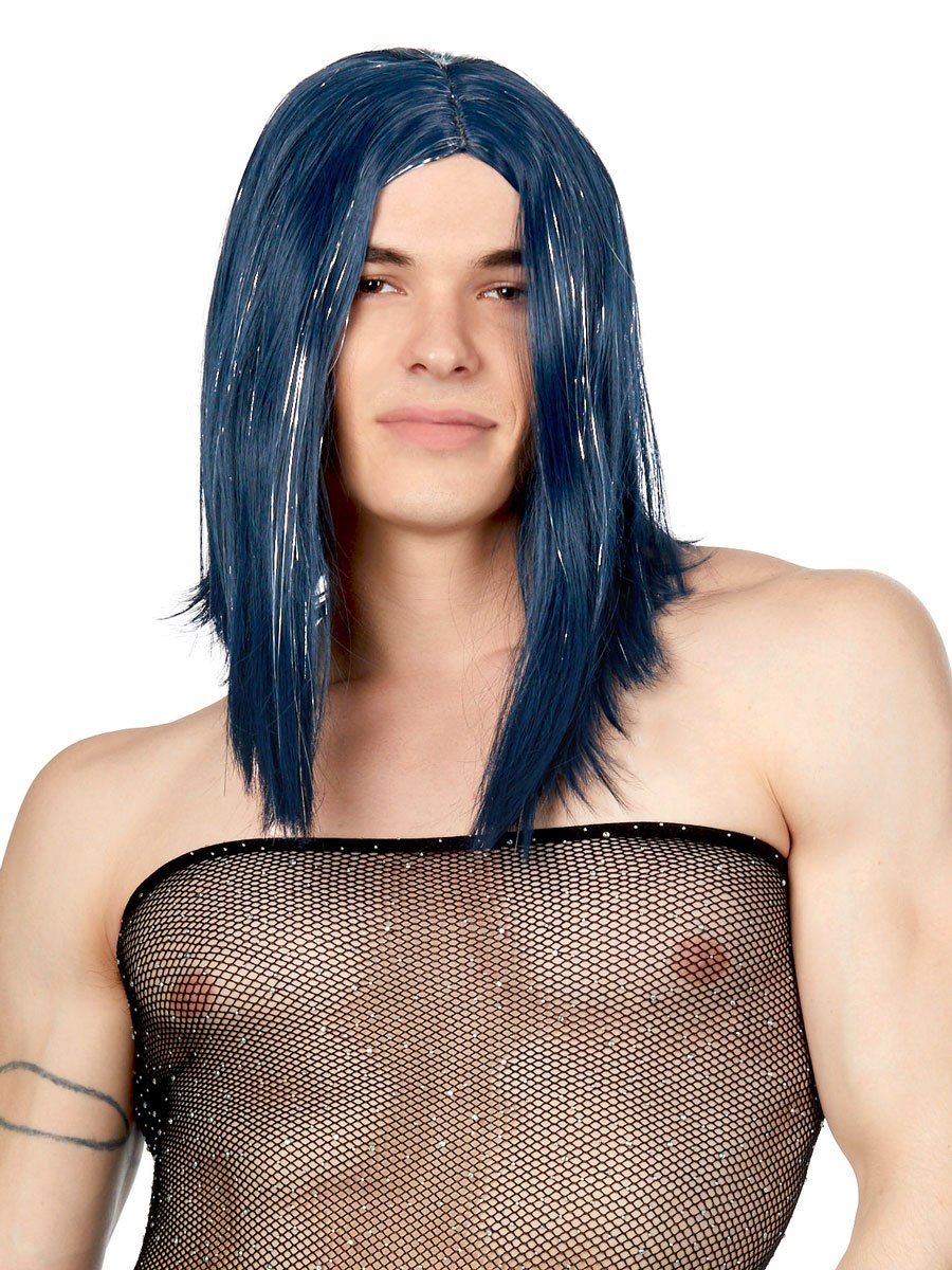 men's blue tinsel bob wig