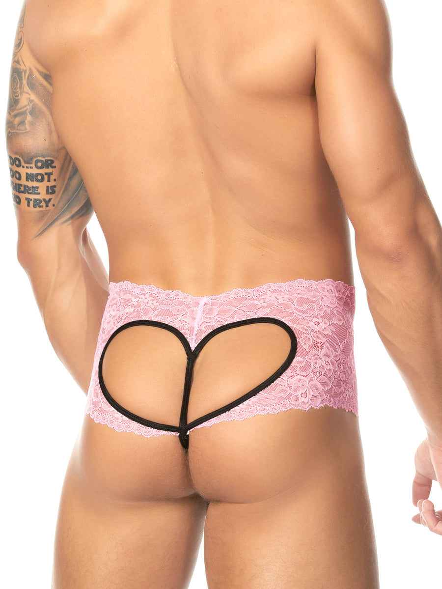 Men's pink lace crotchless panty