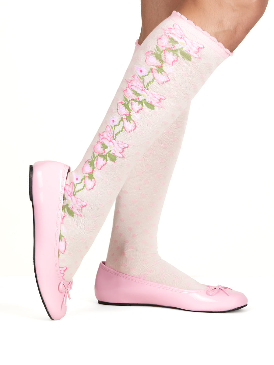 Men's pink and white floral patterned knee high sissy princess socks