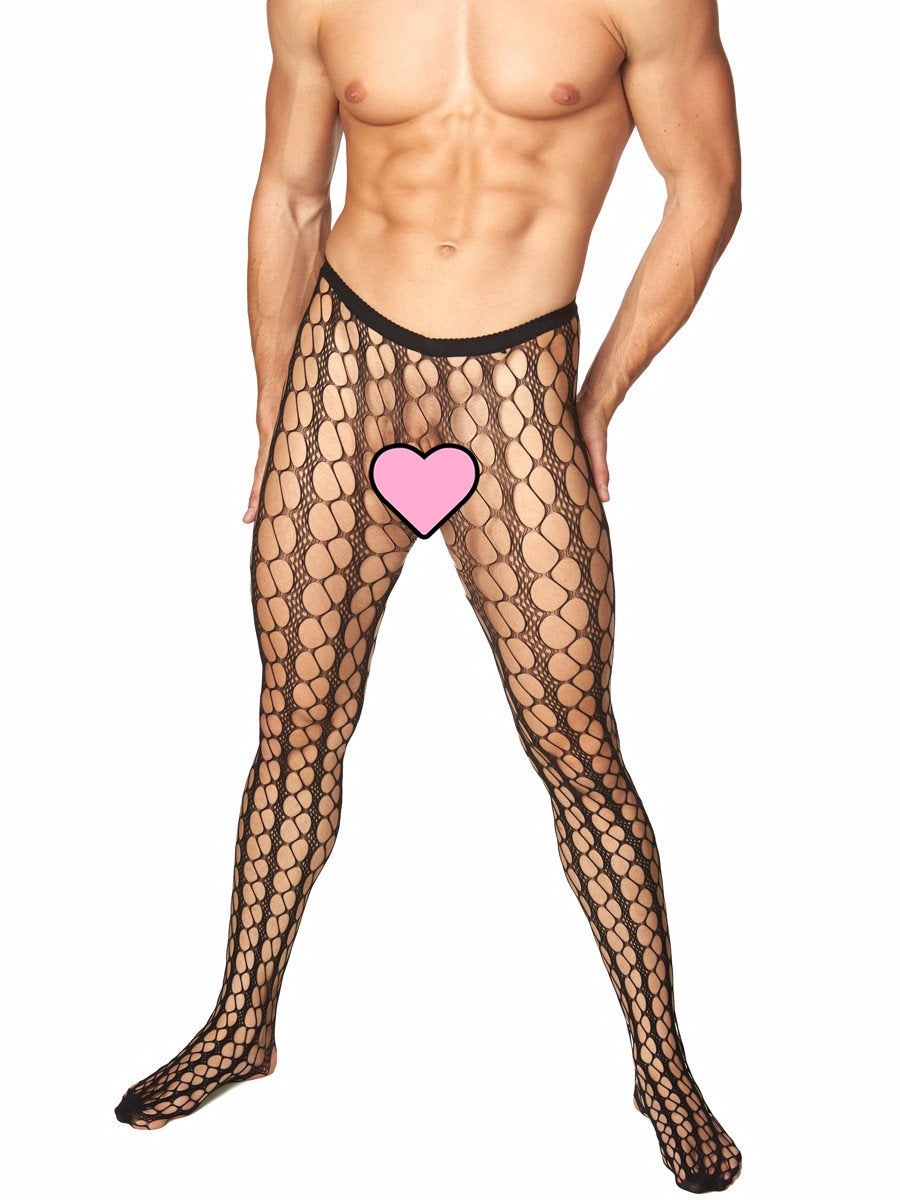 Men's black erotic fishnet patterned pantyhose tights