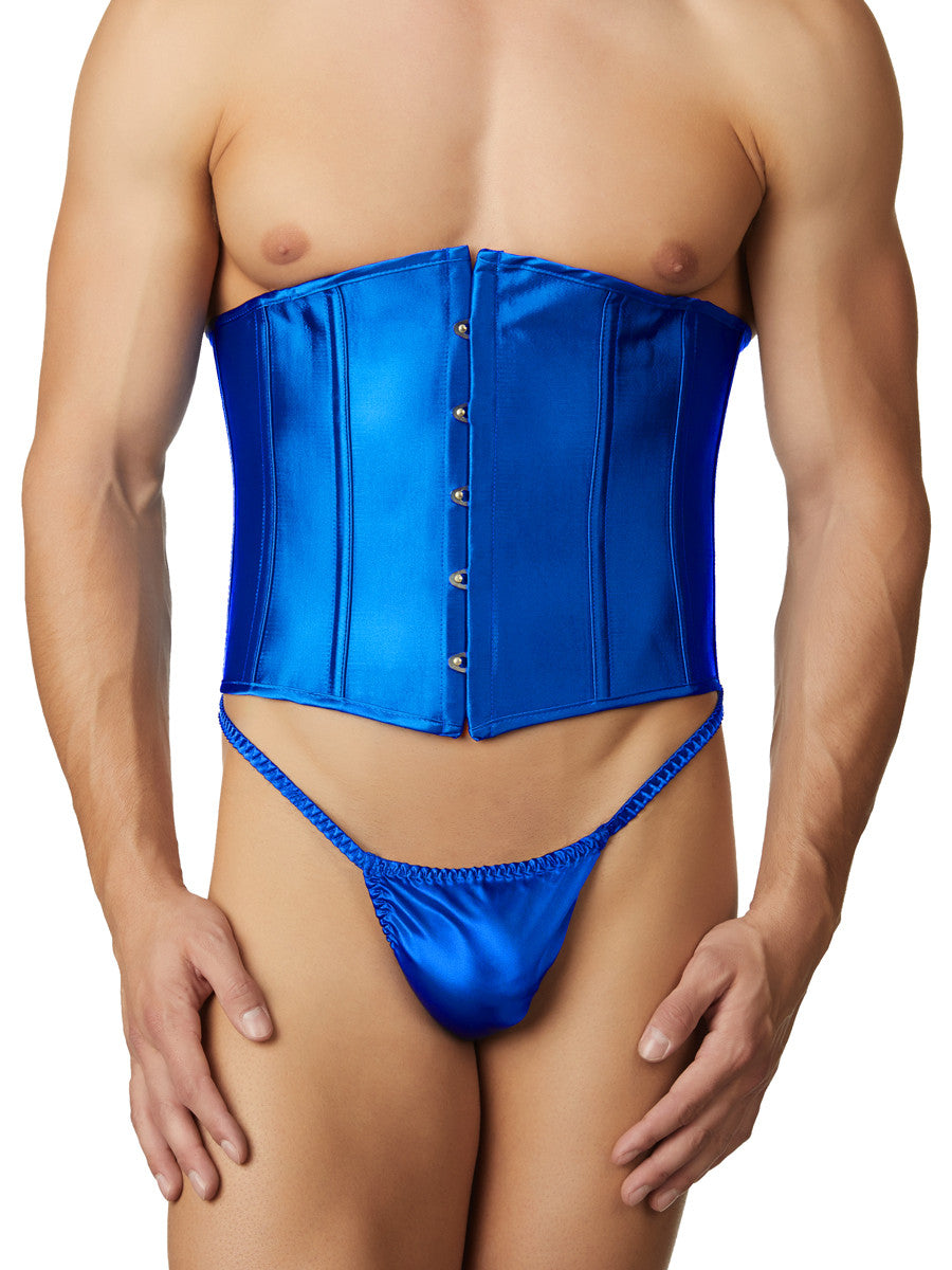 Men's blue shiny satin cinch corset