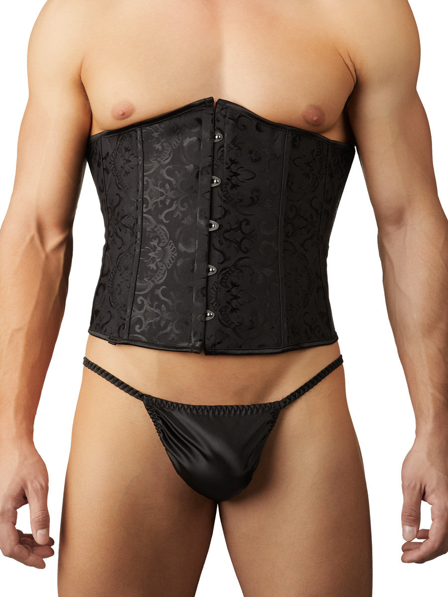 Men's black satin and paisley clasp cinch corset