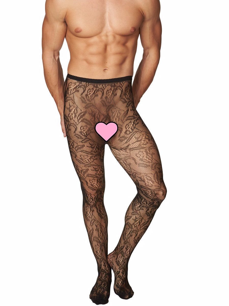 Men's black floral net tights