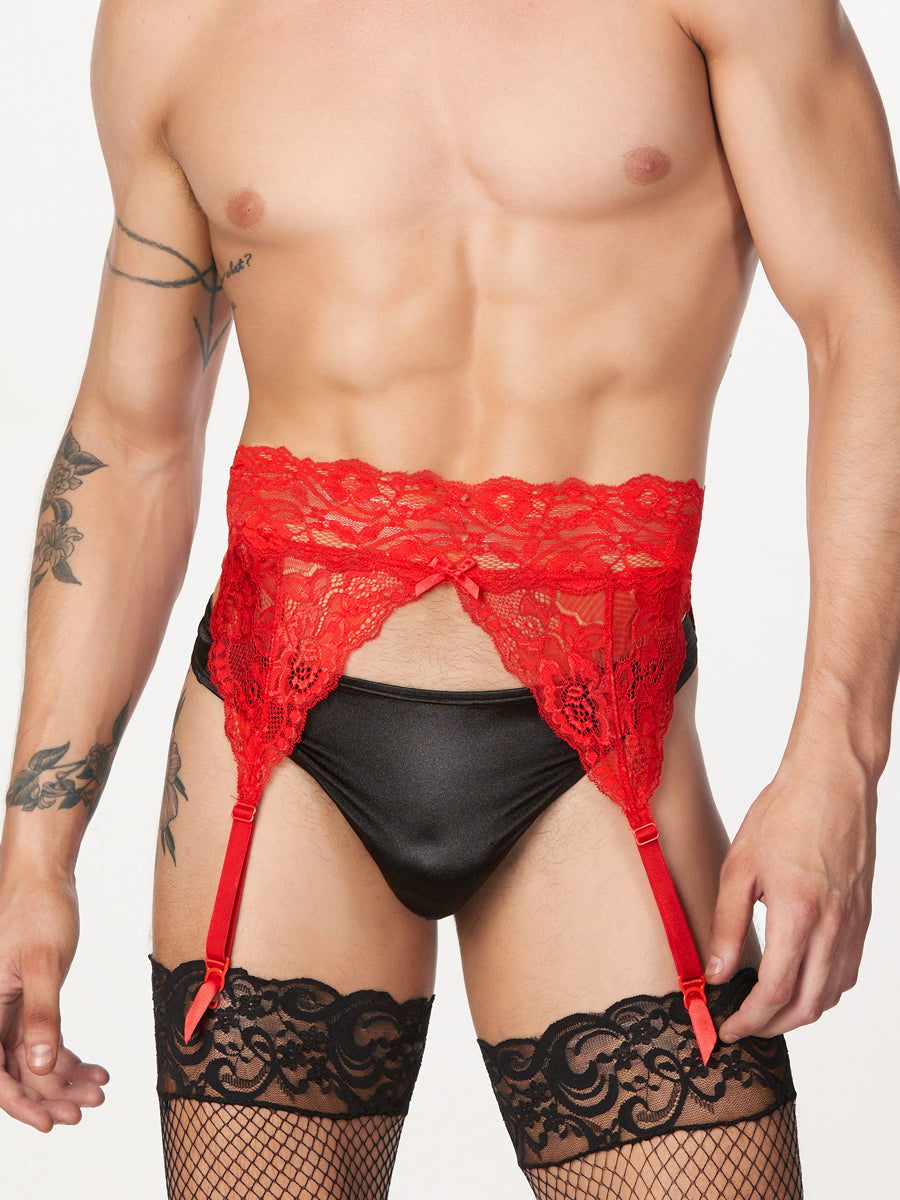 Men's red lace garter belt