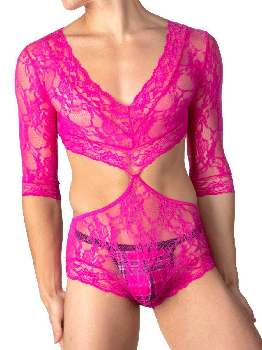 men's pink lace bodysuit