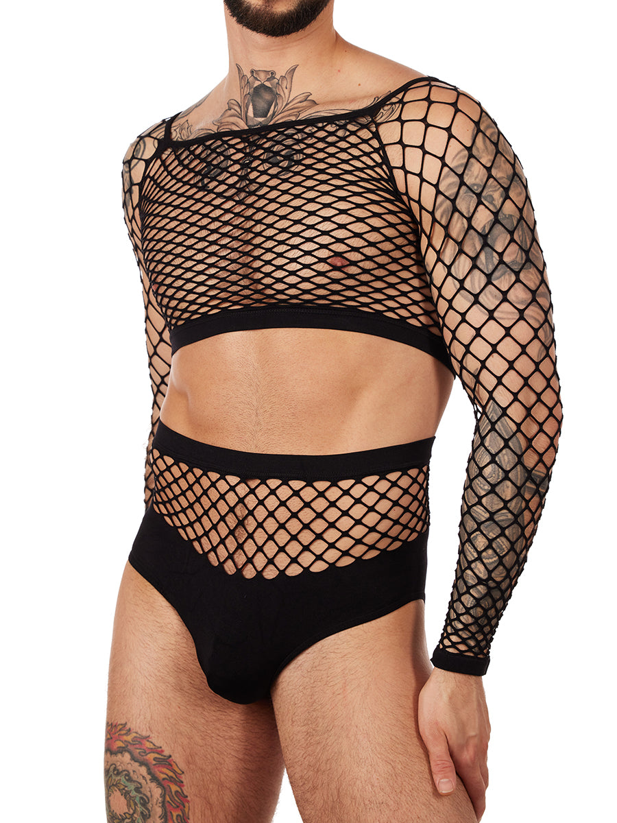 Unisex black fishnet long sleeve with panty set