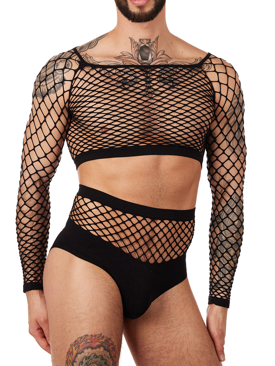 Unisex black fishnet long sleeve with panty set