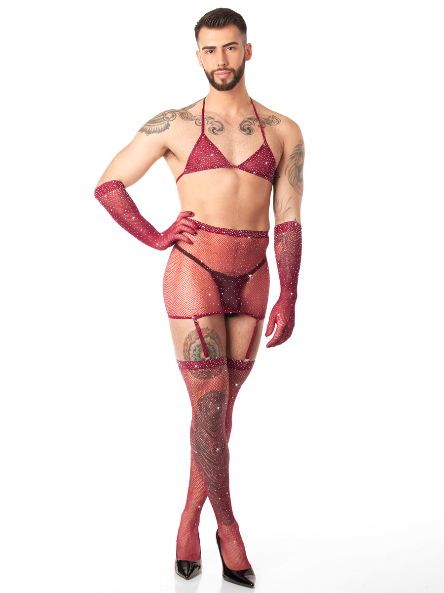 Men's red crystal and fishnet four piece set