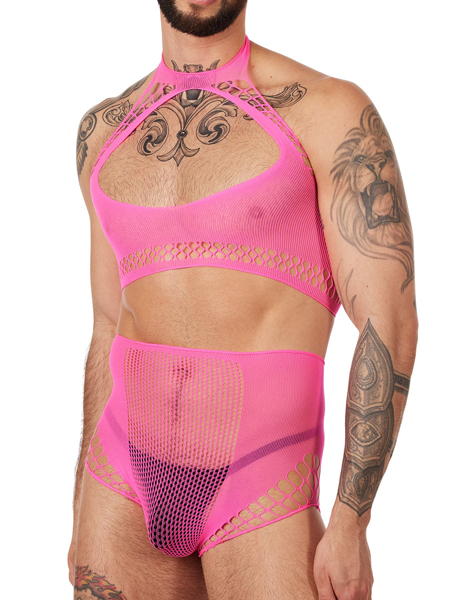 Unisex pink fishnet halter top with high waist panty
