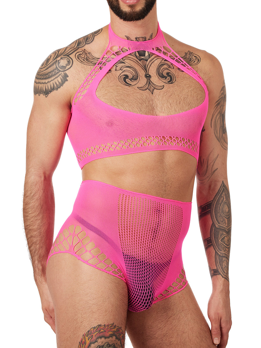 Unisex pink fishnet halter top with high waist panty