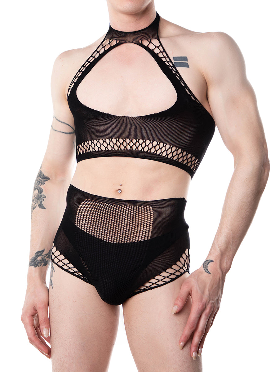 Men's Black Fishnet Top & Bottom Set - XDress