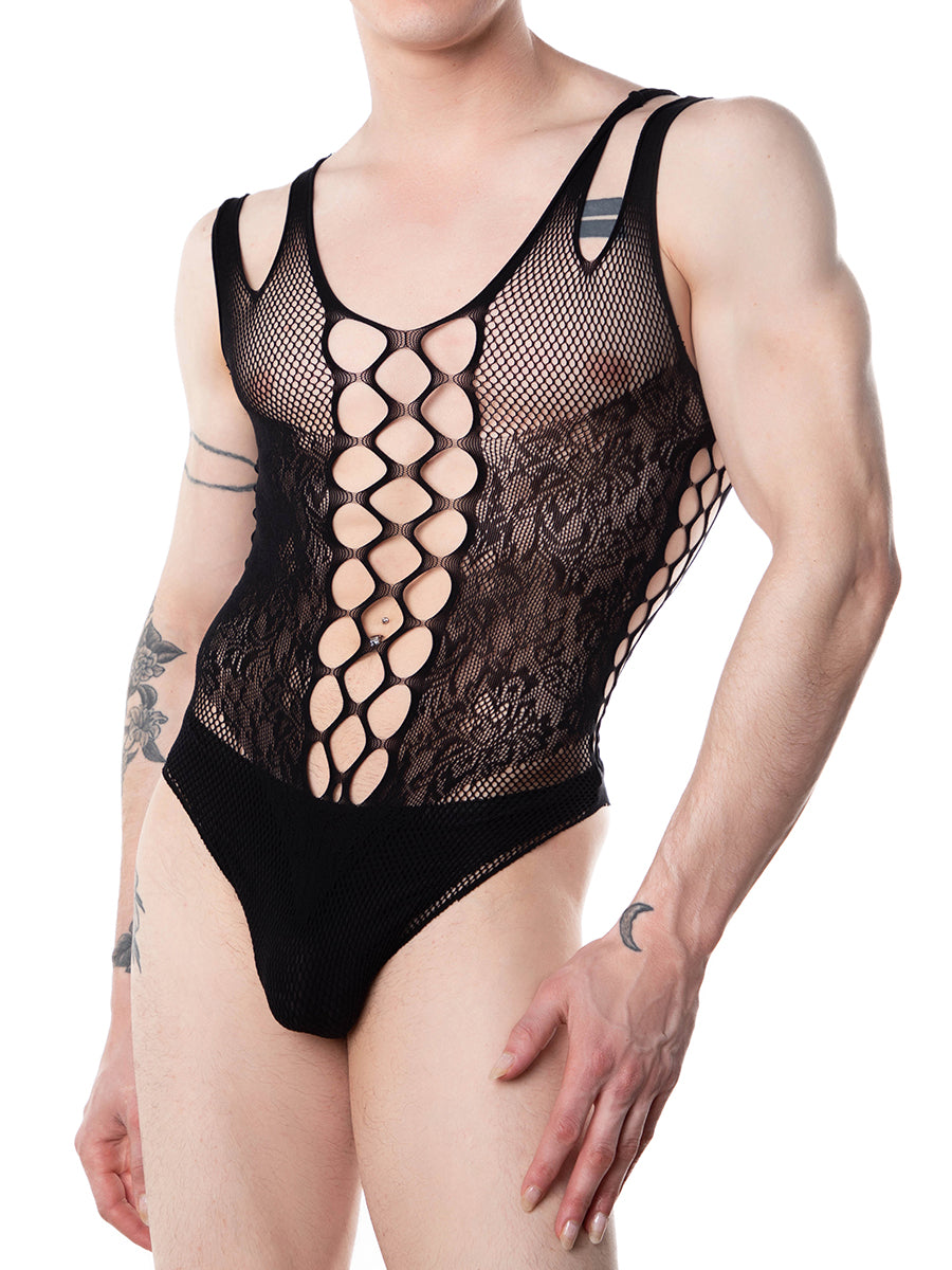 Men's Black Fishnet and Lace Bodysuit - XDress