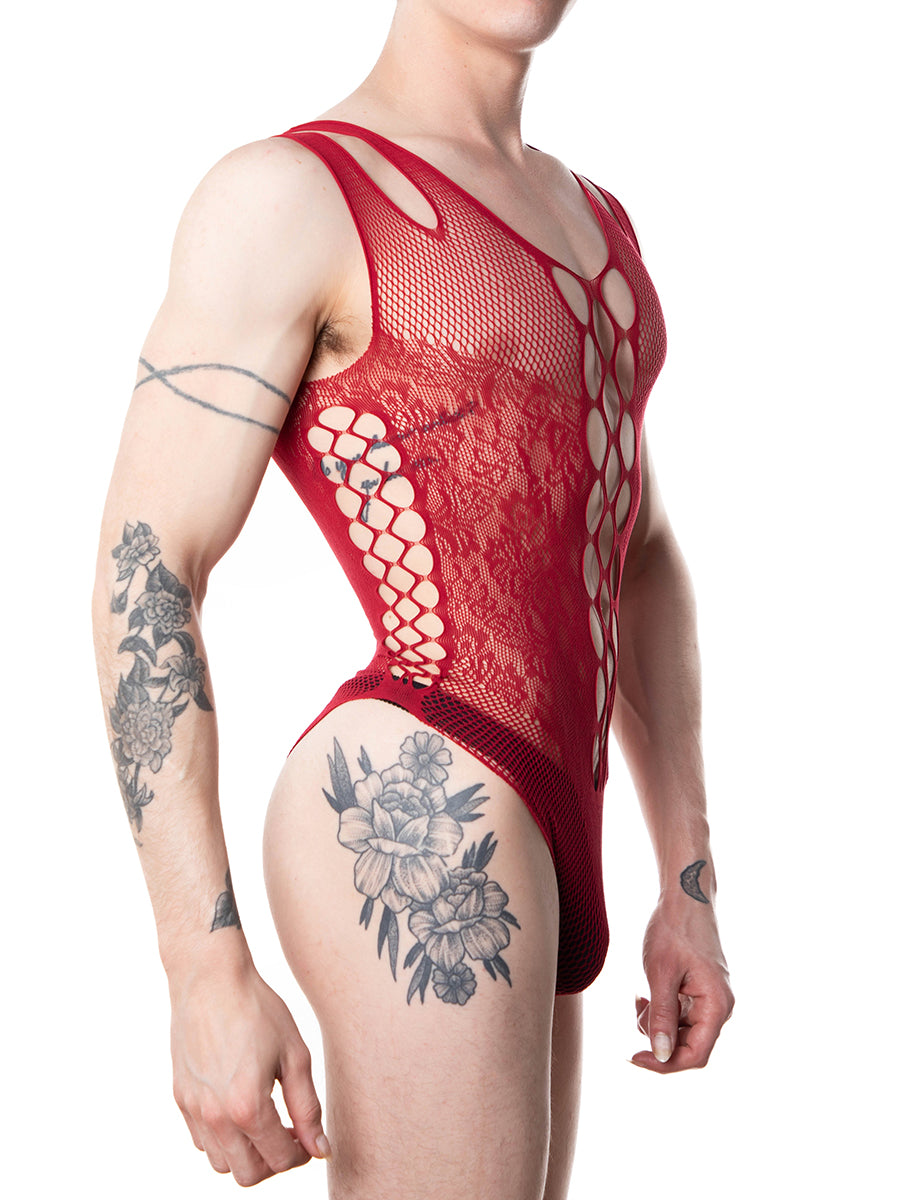 men's red fishnet and lace bodysuit - XDress