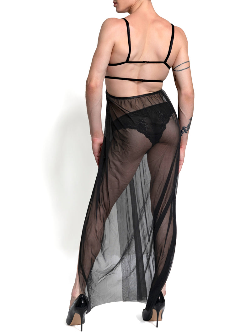 unisex black strappy mesh gown