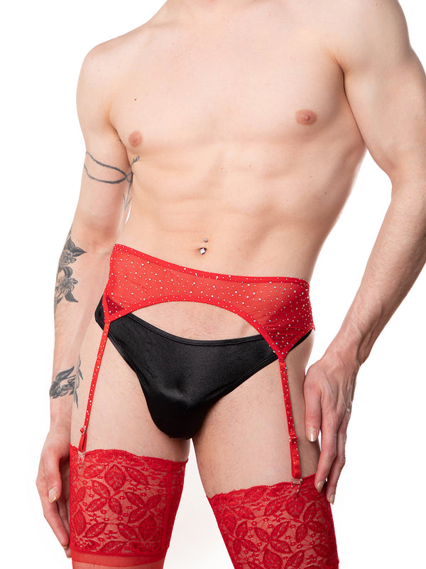 men's red mesh rhinestone garter belt - XDress