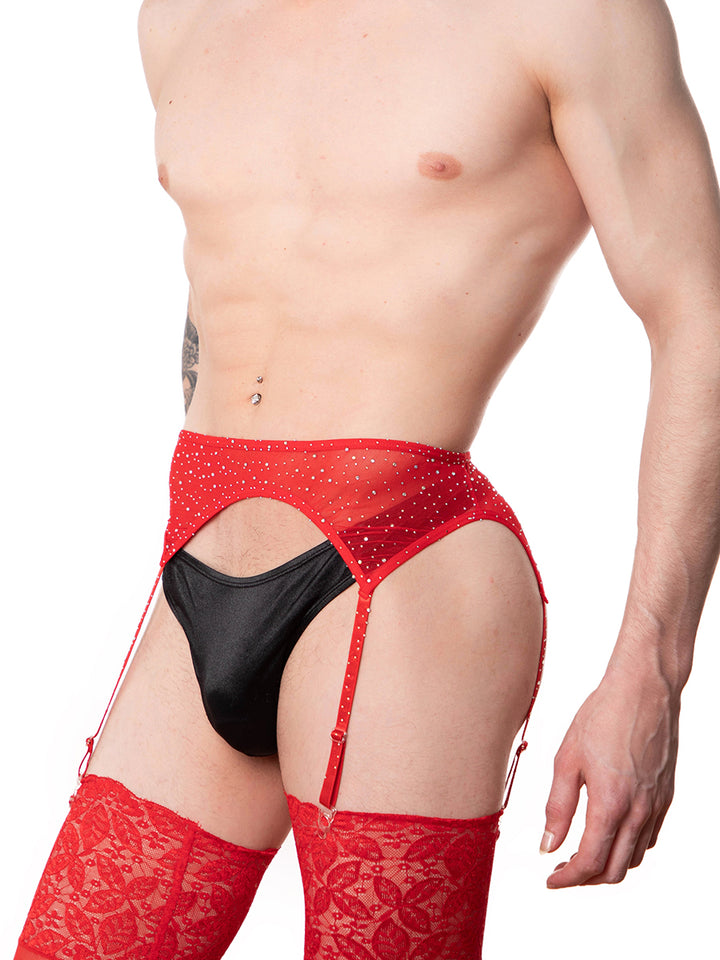 men's red mesh rhinestone garter belt - XDress