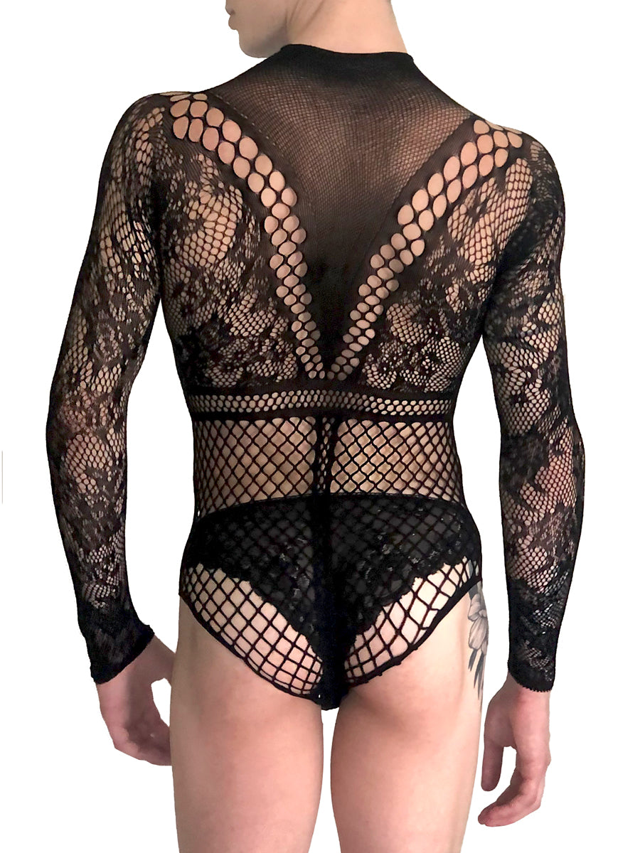 Men's black fishnet long sleeve bodysuit