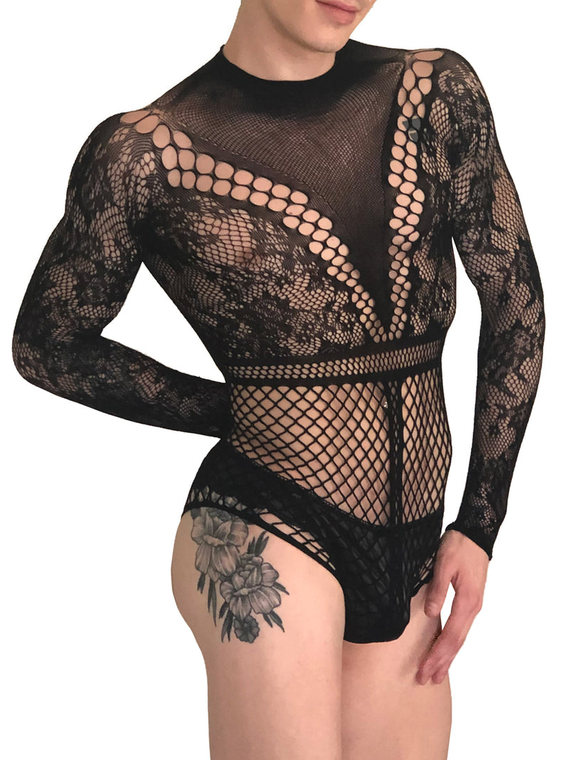 Men's black long sleeve fishnet bodysuit