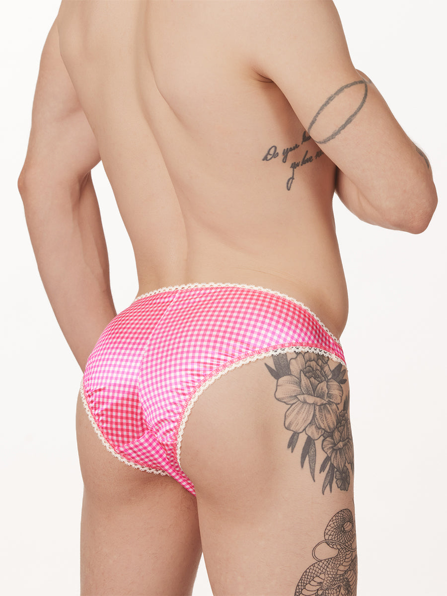 men's pink satin checkered picot panties - XDress