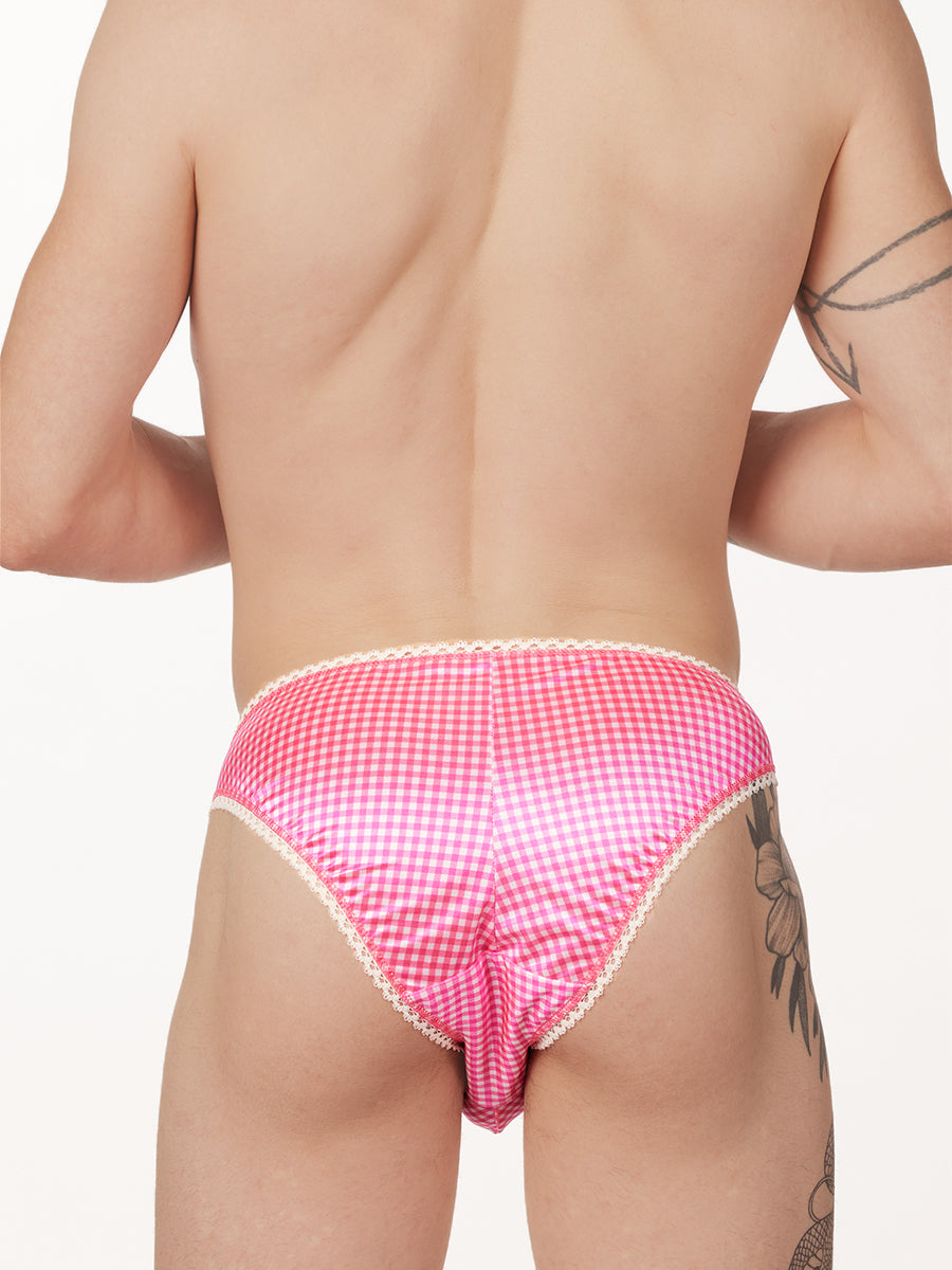 men's pink satin checkered picot panties - XDress