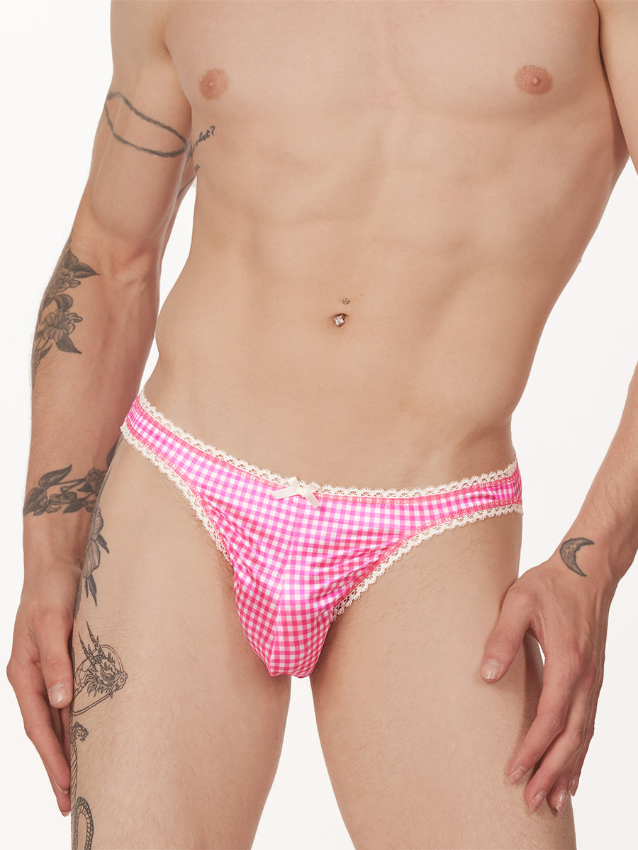 men's pink satin checkered picot panties - XDress