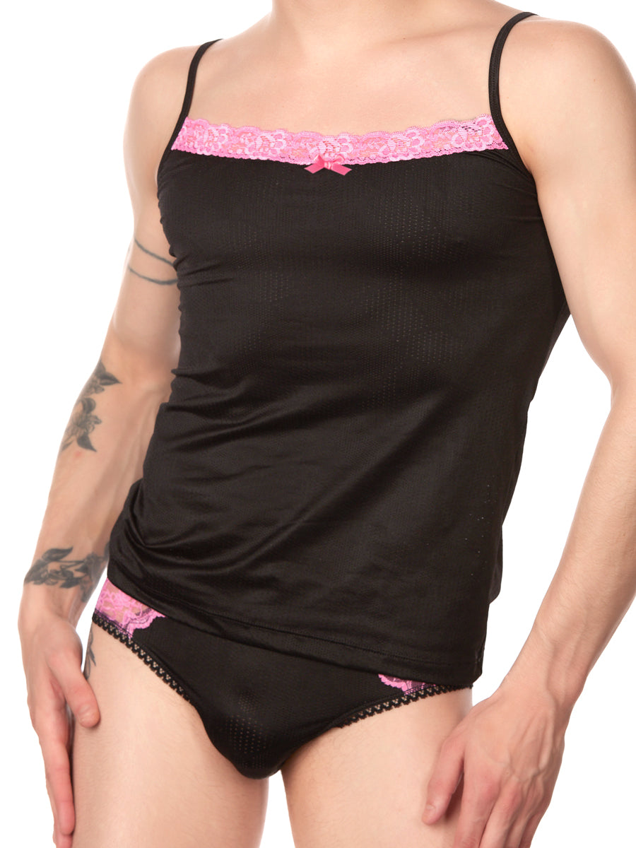 men's black and pink lace camisole