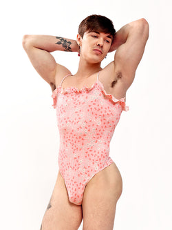men's pink floral frilly thong bodysuit - XDress