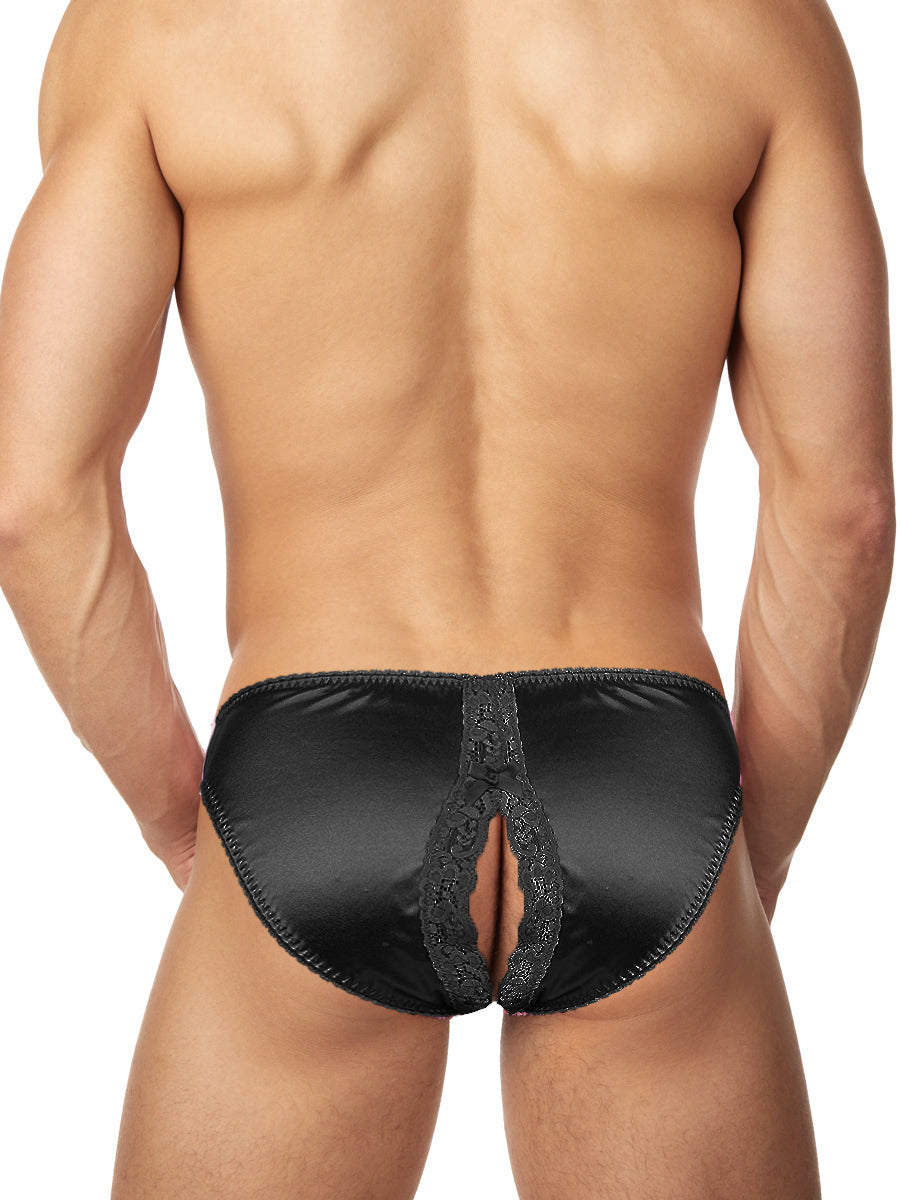 Men's black satin crotchless panties