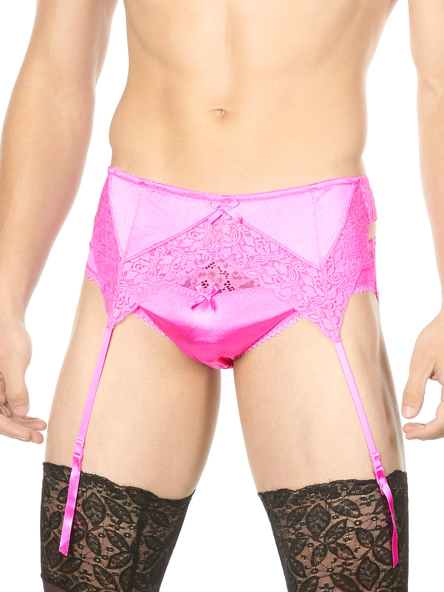 Men's pink satin and lace garter belt