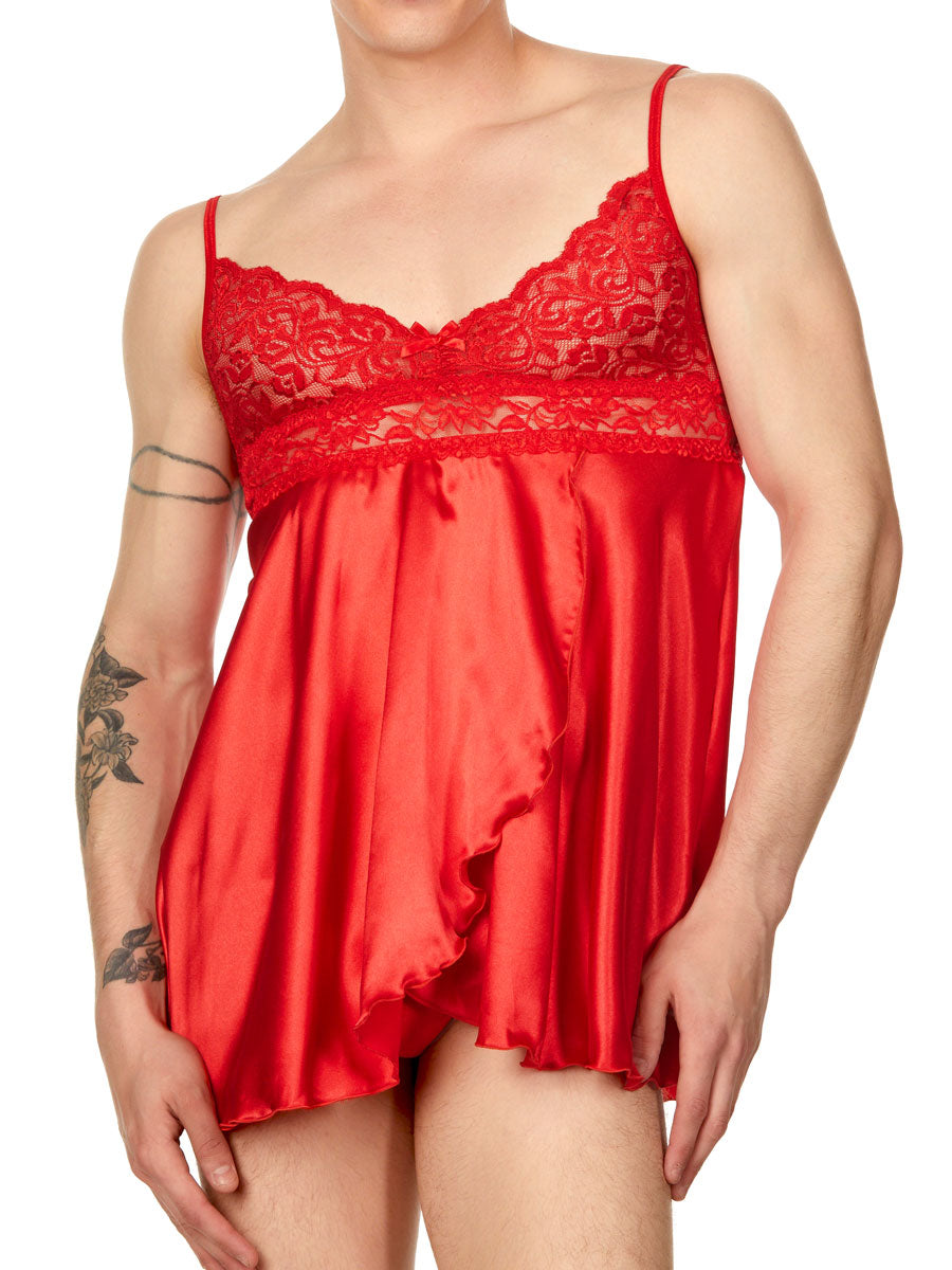 Men's red satin nightie with lace