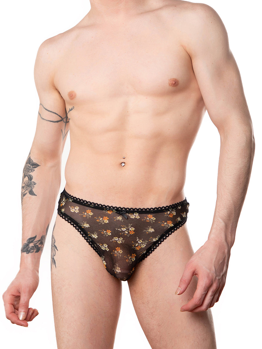 men's black floral mesh thong - XDress