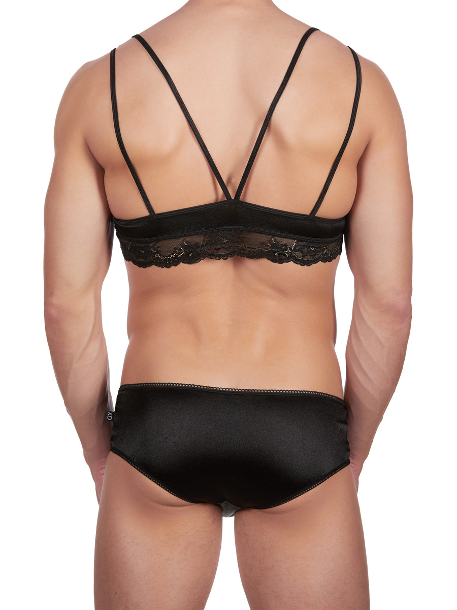 Men's black satin and lace bra