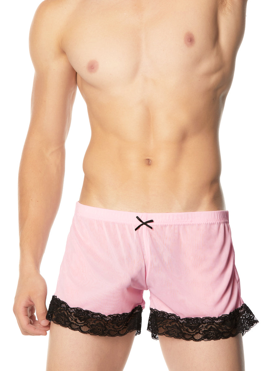 Men's pink sheer lace shorts