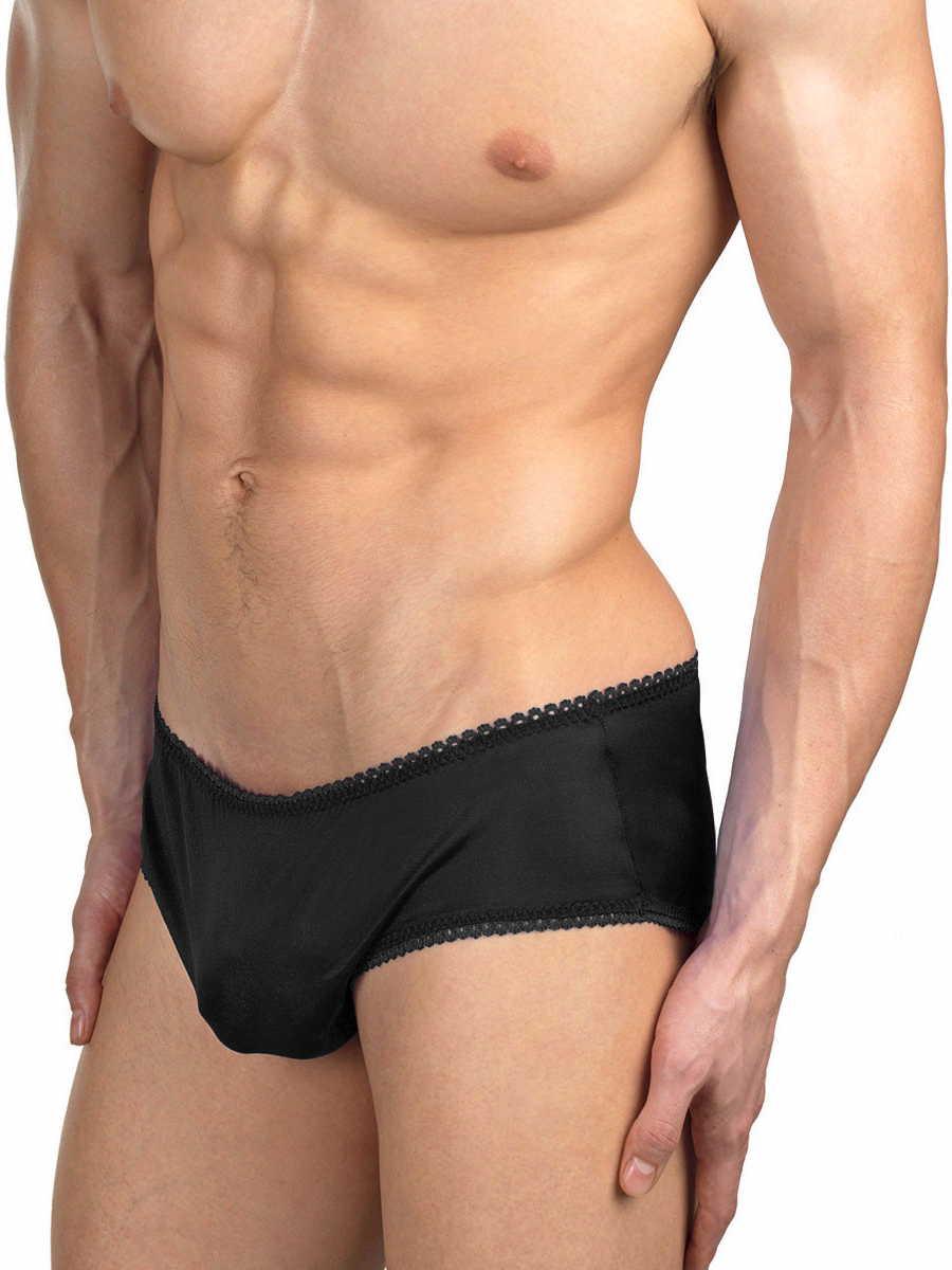 Men's black satin and lace high waisted brief sissy panties