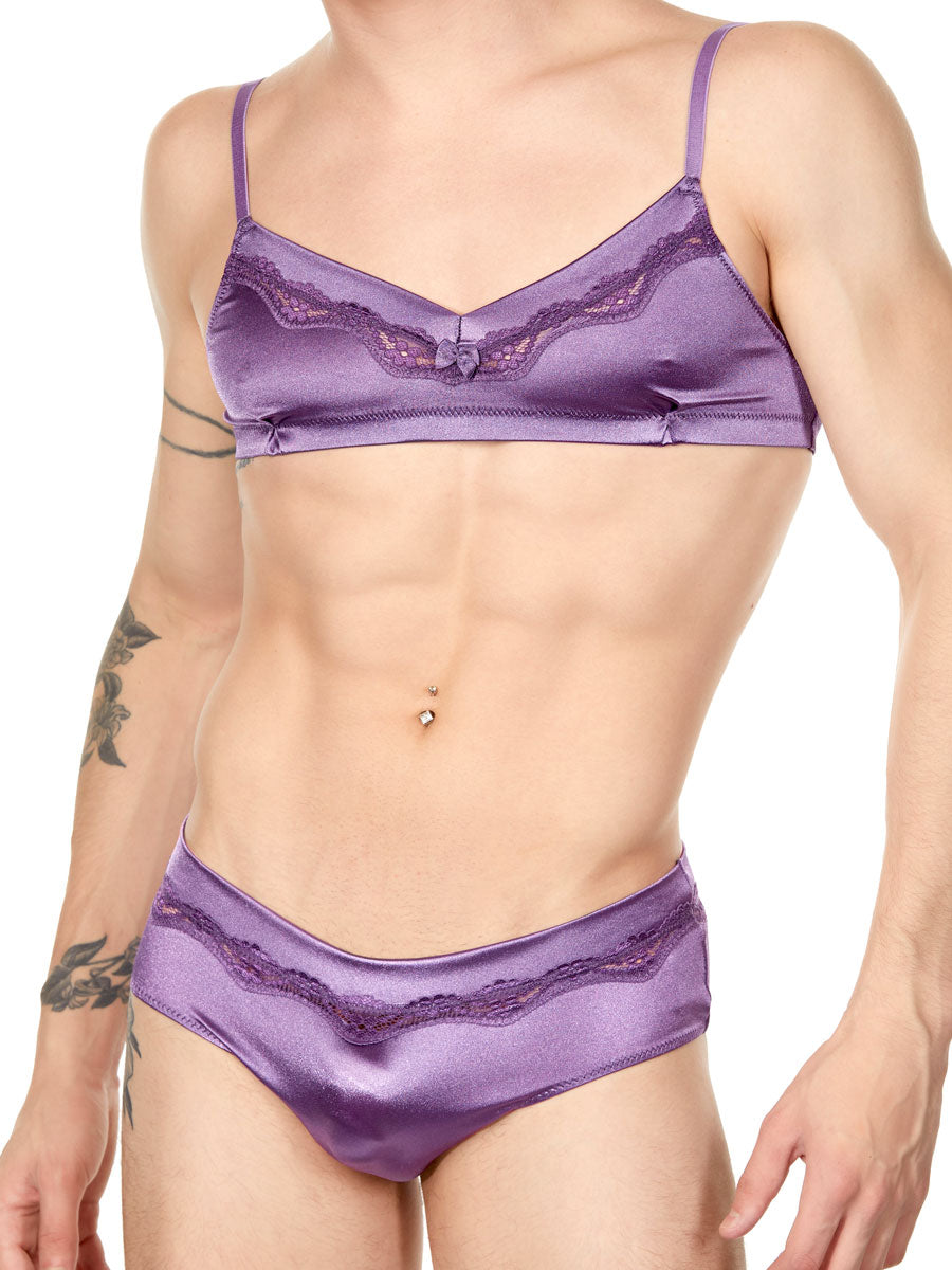 Men's Purple Satin and Lace Bra