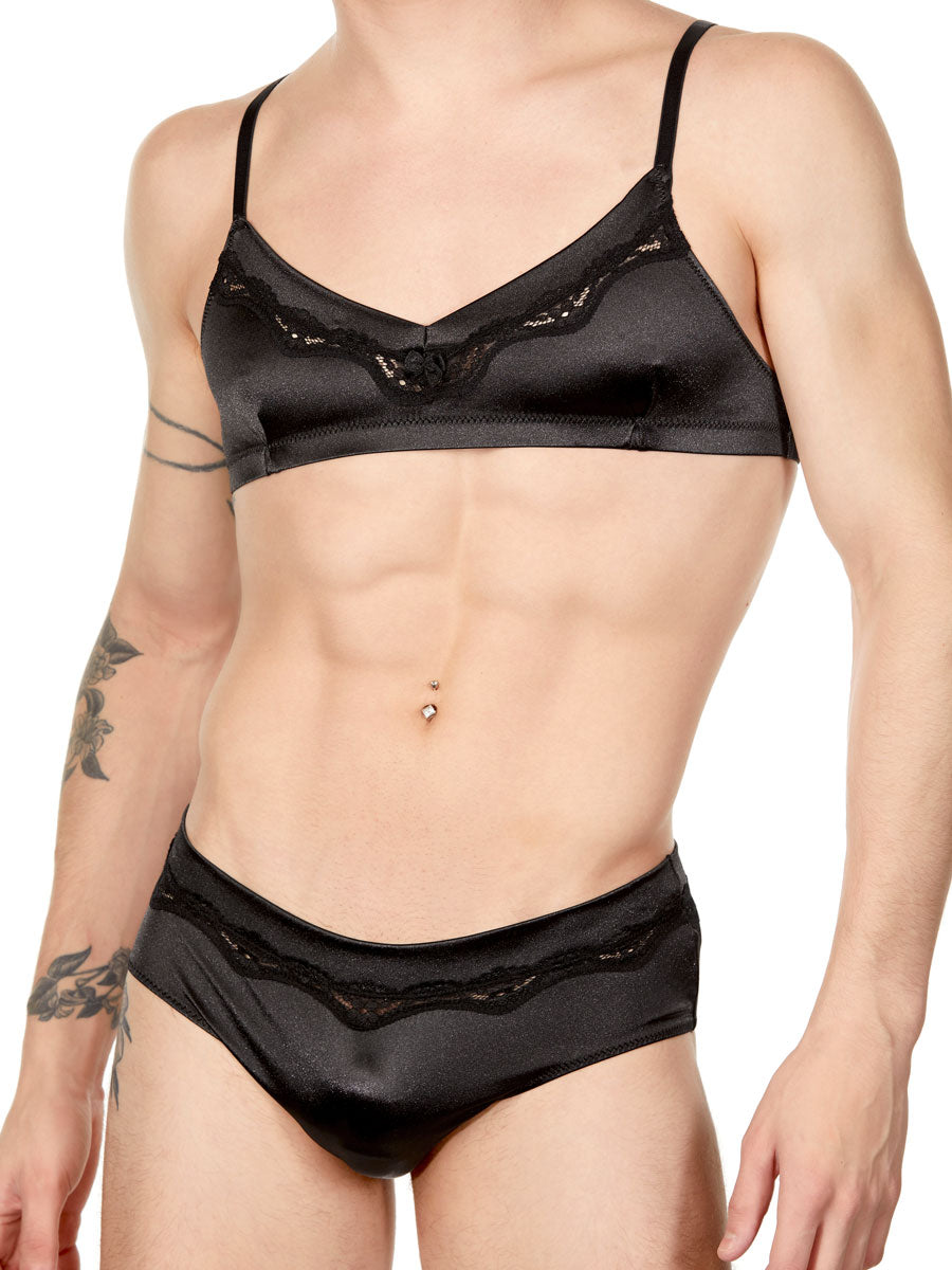 Men's Black Satin and Lace Bra