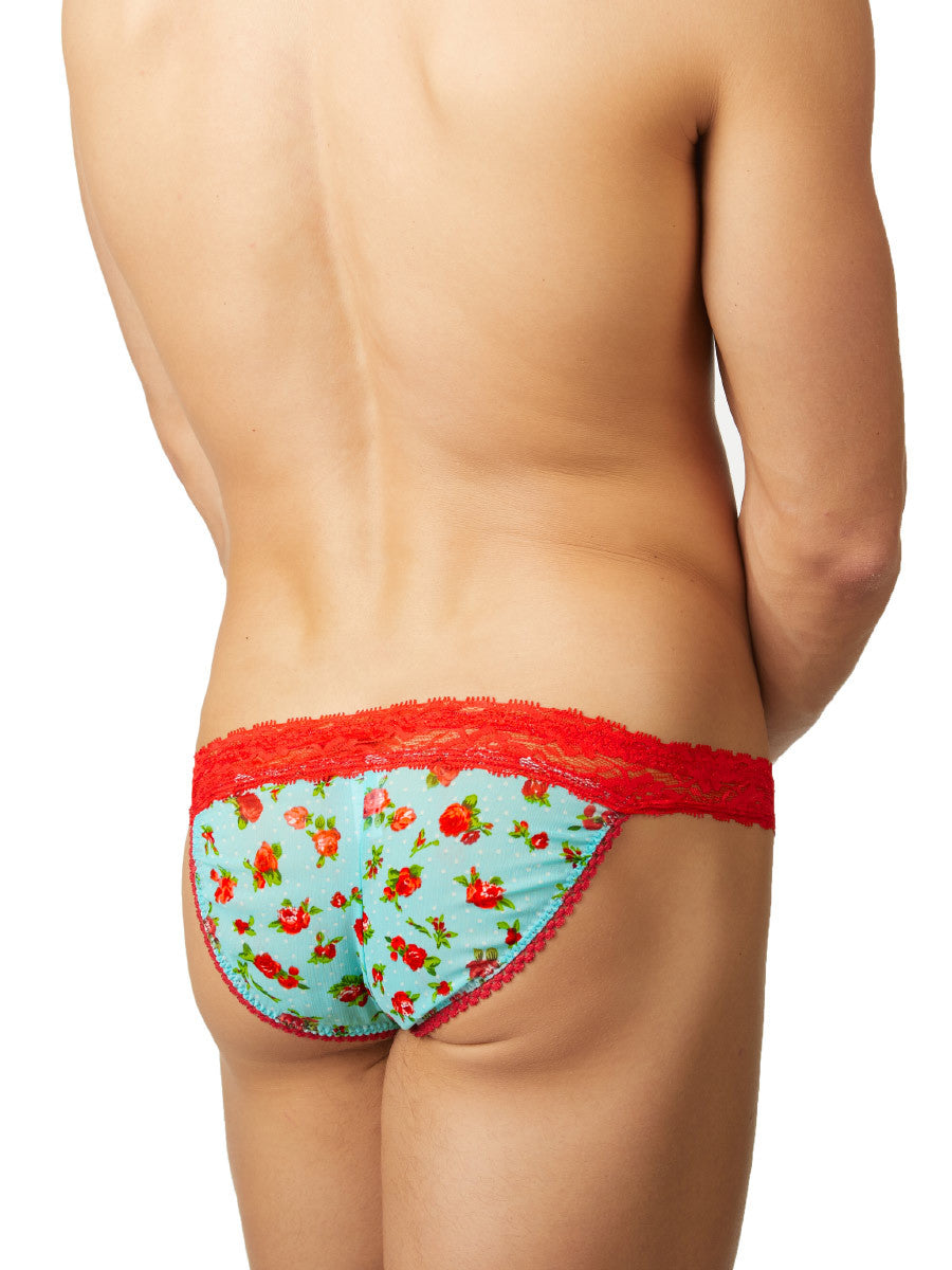 Men's blue and red floral lace nighty and tanga panties set
