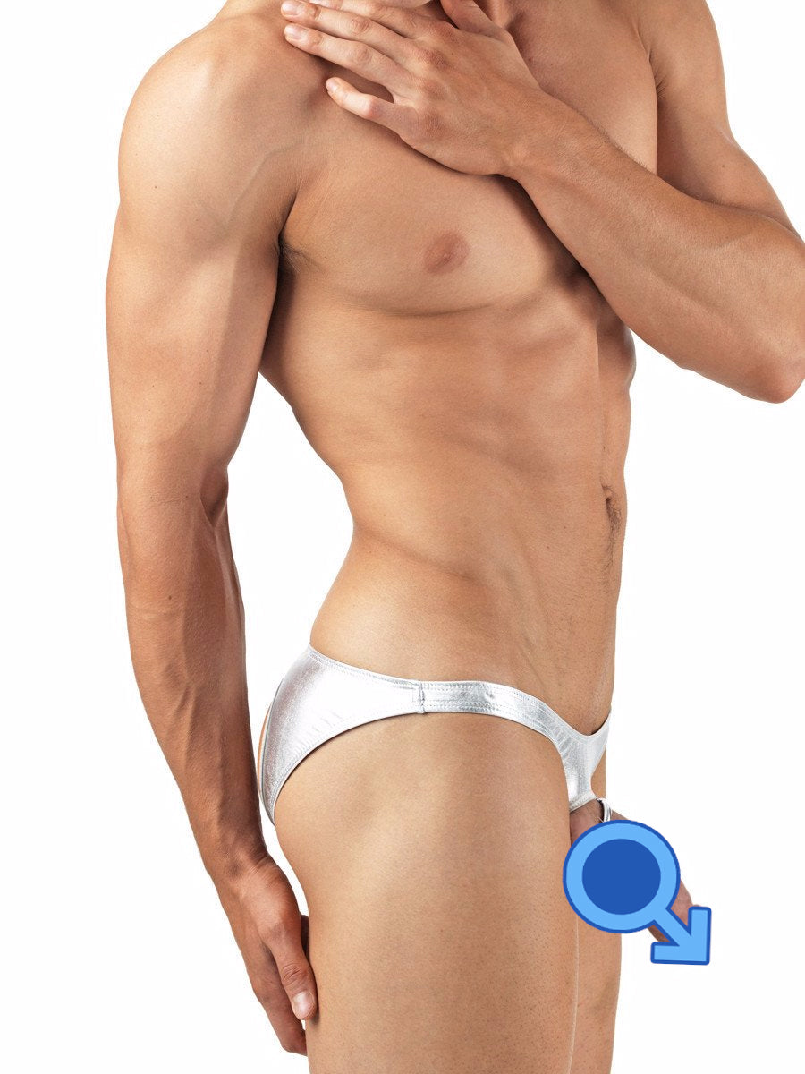 Men's shiny metallic silver erotic jock underwear with penis hole and cock ring