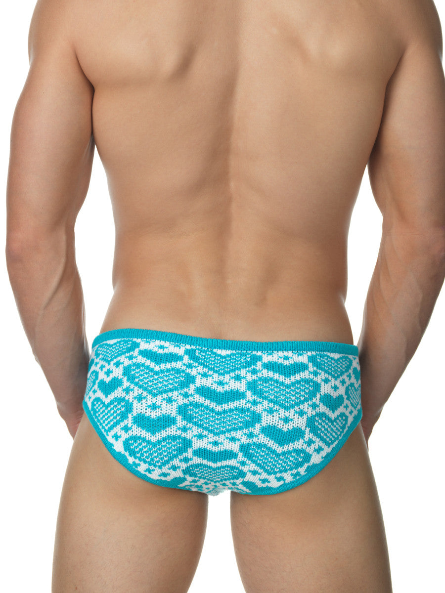 Men's knit blue and white heart pattern brief panties