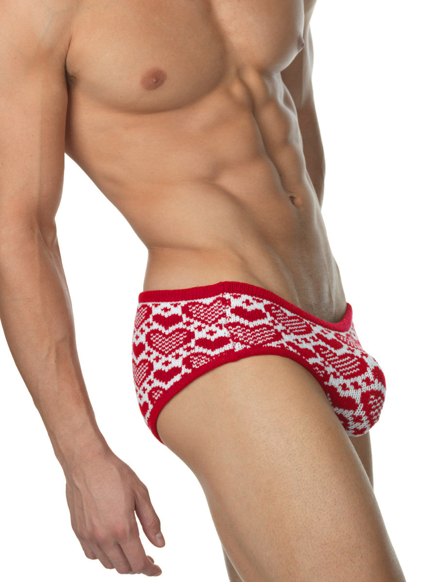 Men's knit red and white heart pattern brief panties