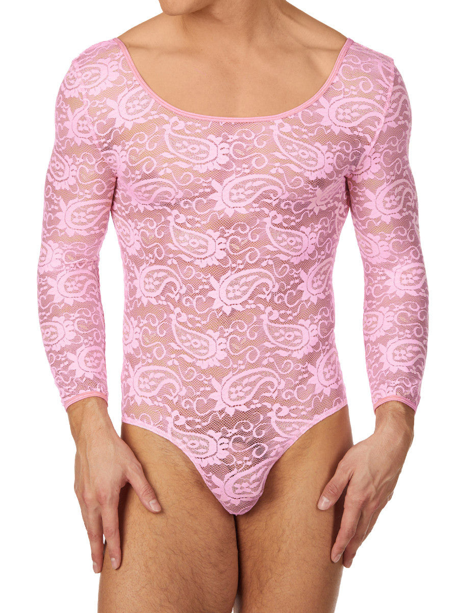 Men's erotic pink lace see through long sleeve leotard bodysuit