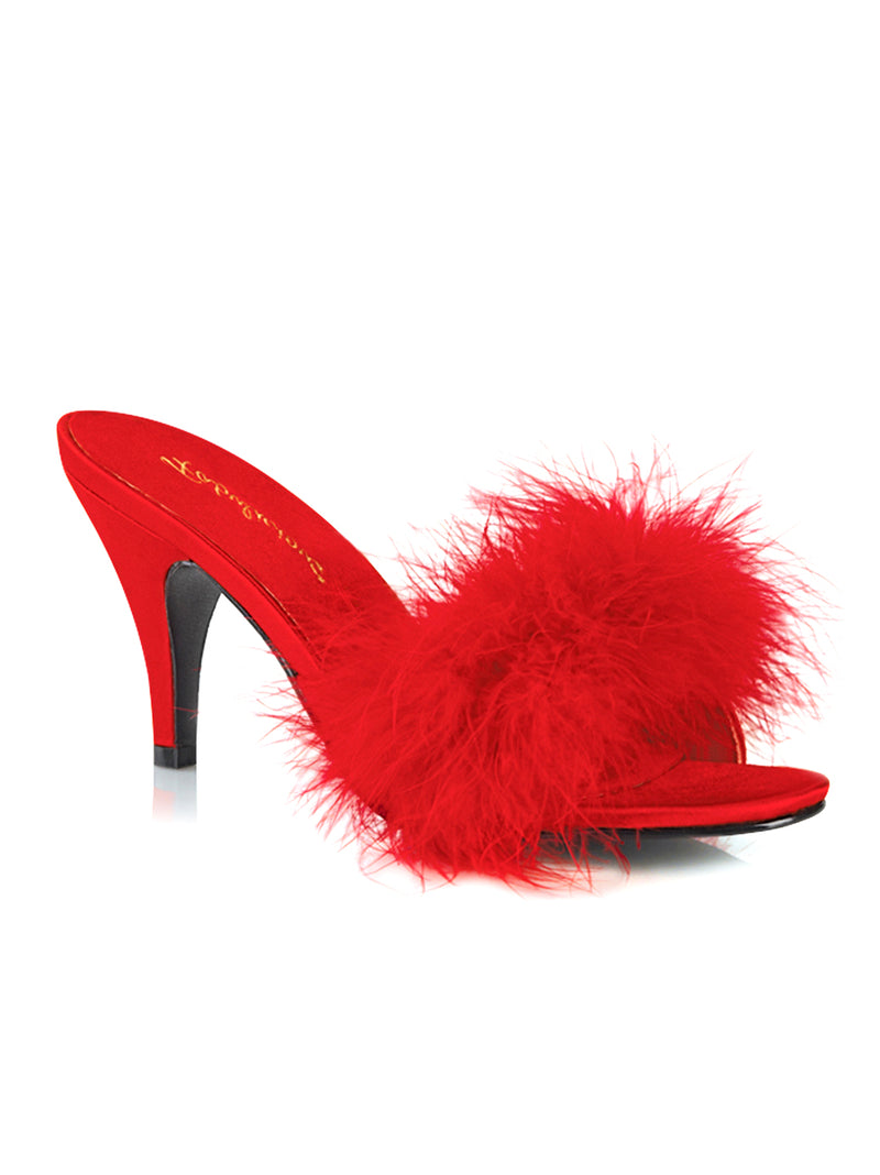 Men's red marabou feather slip-on heel