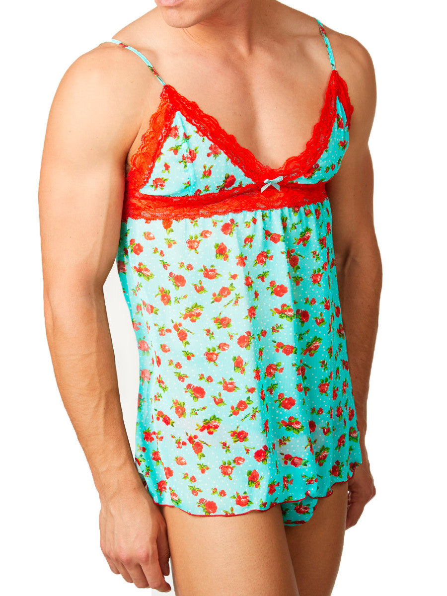 Men's blue and red floral lace nighty and tanga panties set