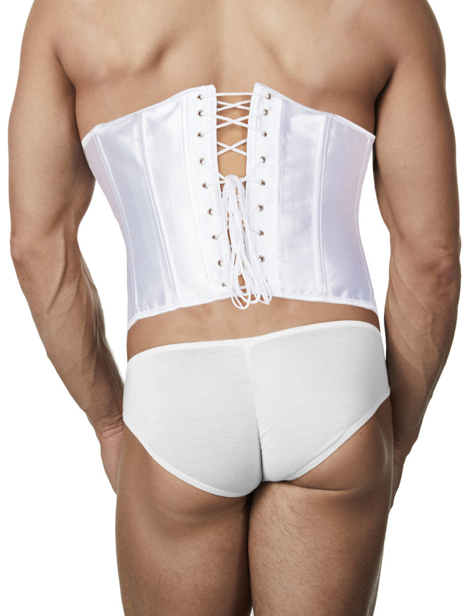 Men's white satin cinch and zipper corset