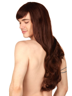 Men's brunette long wavy wig with fringe