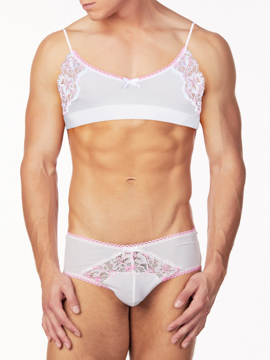 Men's white and pink see through mesh lace sissy crossdressing bra